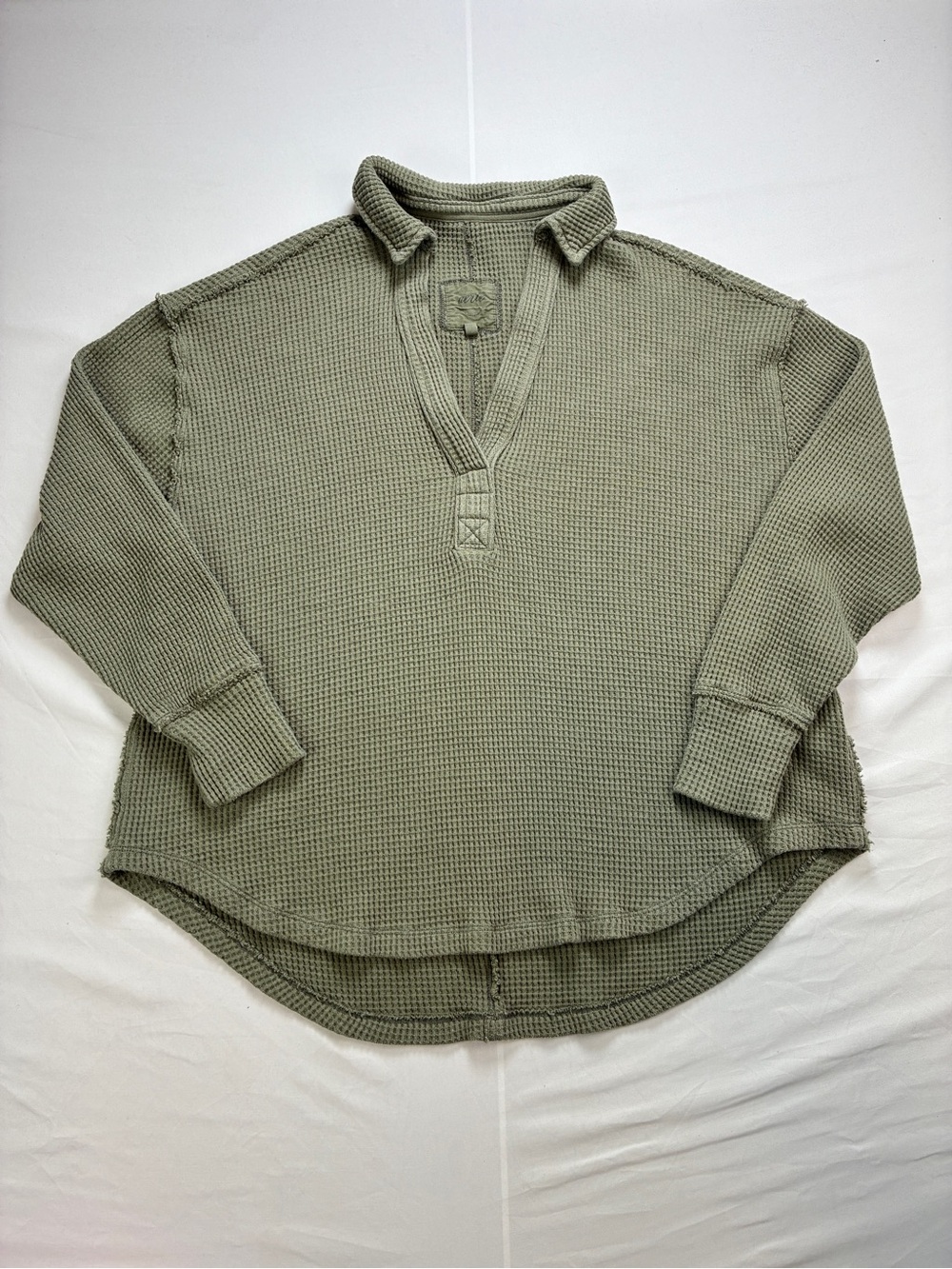 aerie Light Sage/Olive Waffle-Knit Popover V-Neck Sweatshirt